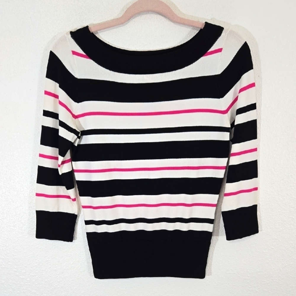 Dressbarn Black/White/Pink Striped 3/4 Sleeves Light Sweater Work Church, Small